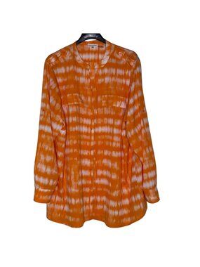 Calvin Klein Button Down Tie Dye Abstract Top Sz 3X Roll Tab Sleeve